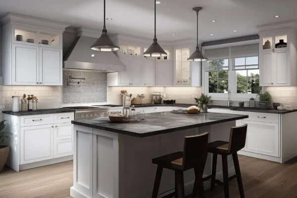 3d rendering of a kitchen with white shaker cabinets