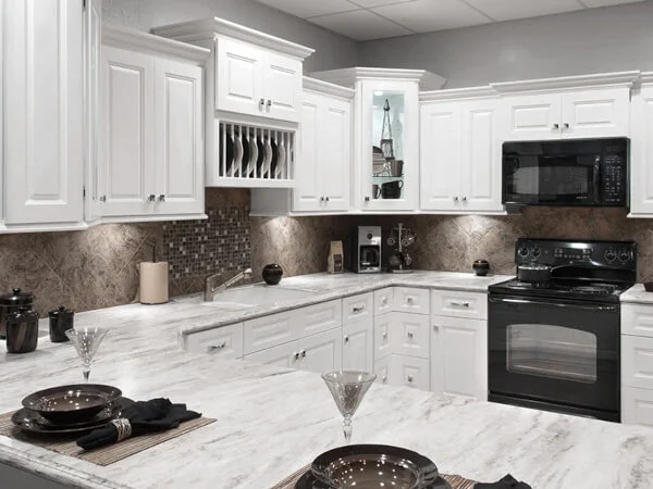 kitchen with white raised panel cabinets