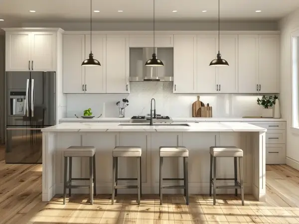 a beautiful kitchen with white shaker cabinets