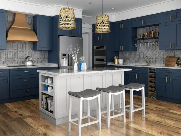 kitchen with navy blue shaker cabinets