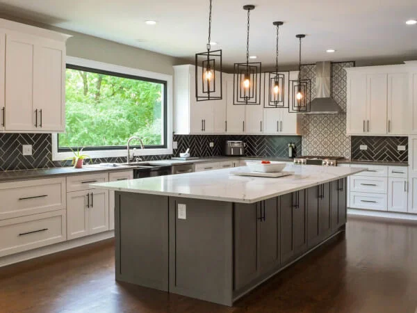 kitchen with white and gray shaker cabinets