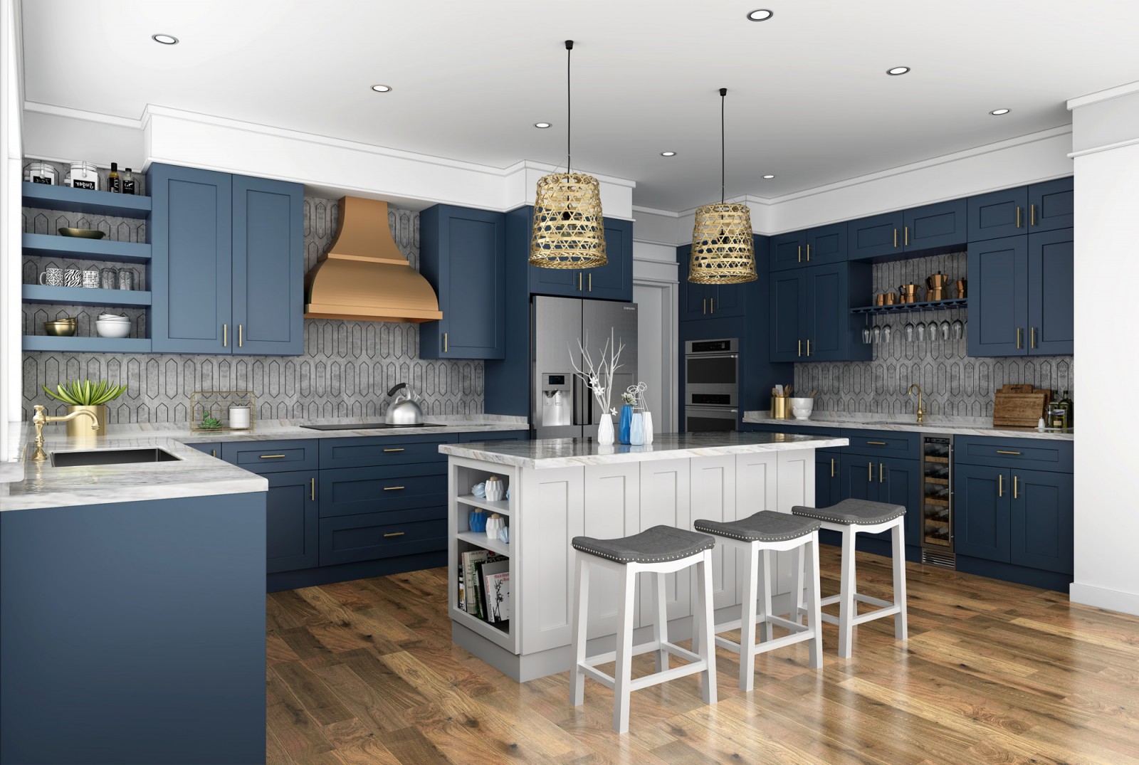 Kitchen with Marine Blue Shaker Style Assembled Kitchen Cabinets