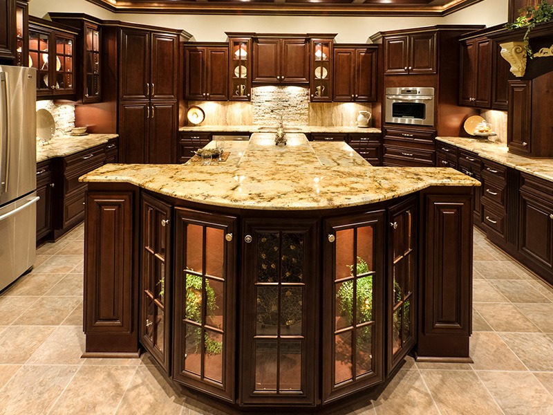 Kitchen with Brown Cocoa Style Assembled Kitchen Cabinets