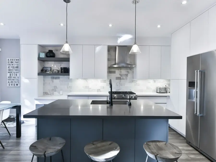 Modern White Kitchen With Pop Color of Kitchen Island