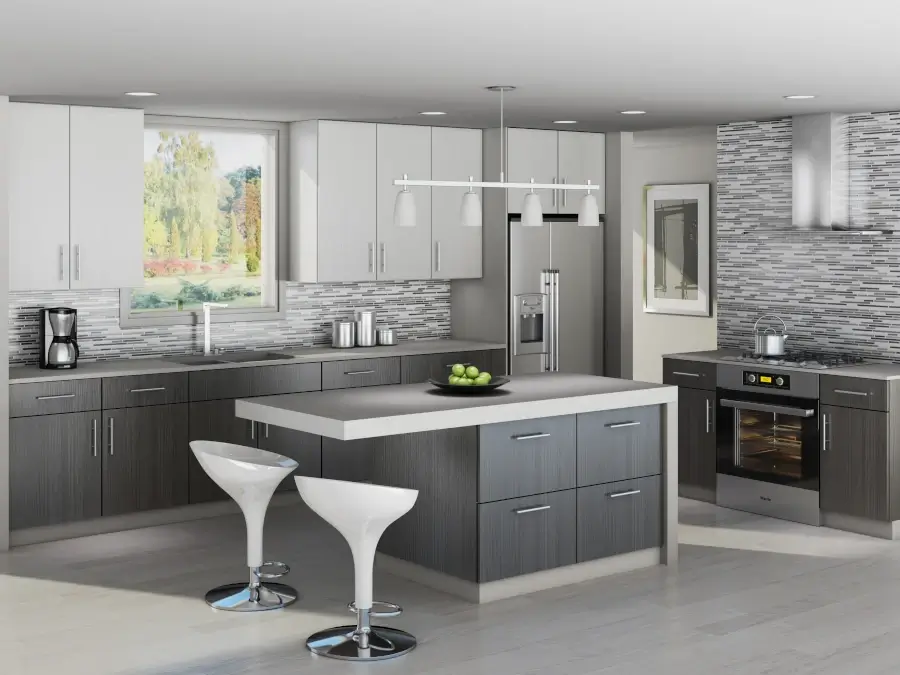 modern kitchen with gray and white European style frameless cabinets