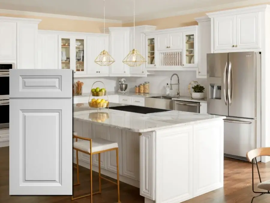 elegant kitchen with white raised panel cabinets