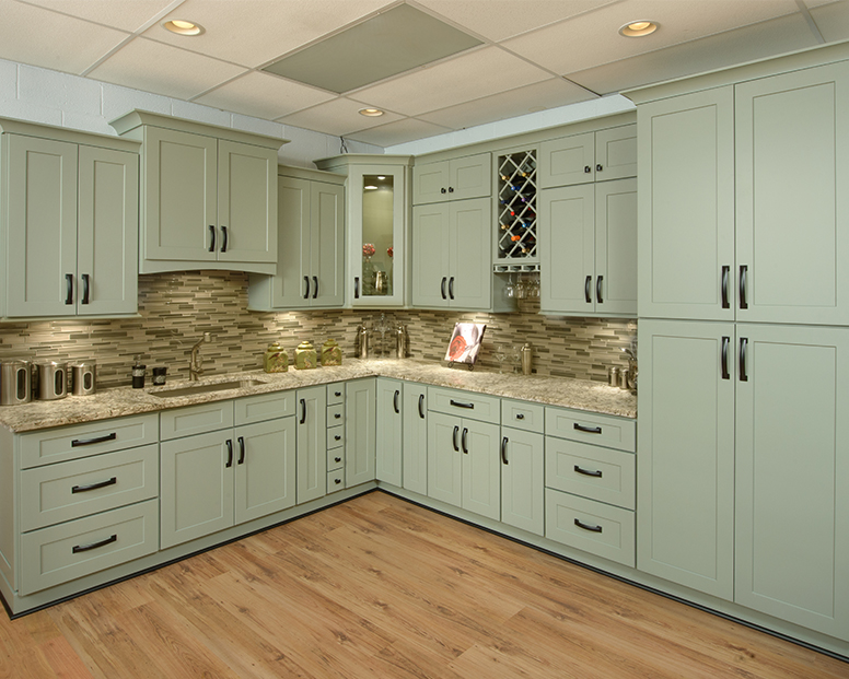 Kitchen with Fresh Sage Shaker Style Ready to Assemble (RTA) Kitchen Cabinets